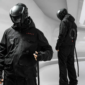Black Hooded Techwear Windbreaker zipped up with red chest lettering, and a second view of the circular back print