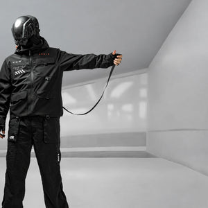 The long carry strap of the Black Hooded Techwear Windbreaker pulled out to its full length by the wearer