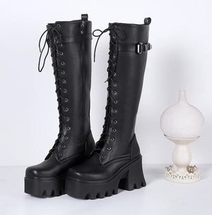 Black Knee High Boots Lace Up Back