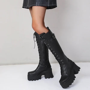 Black Knee High Boots Lace Up Back