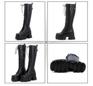 Black Knee High Boots Lace Up Back