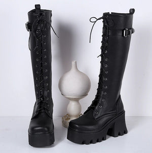 Black Knee High Boots Lace Up Back