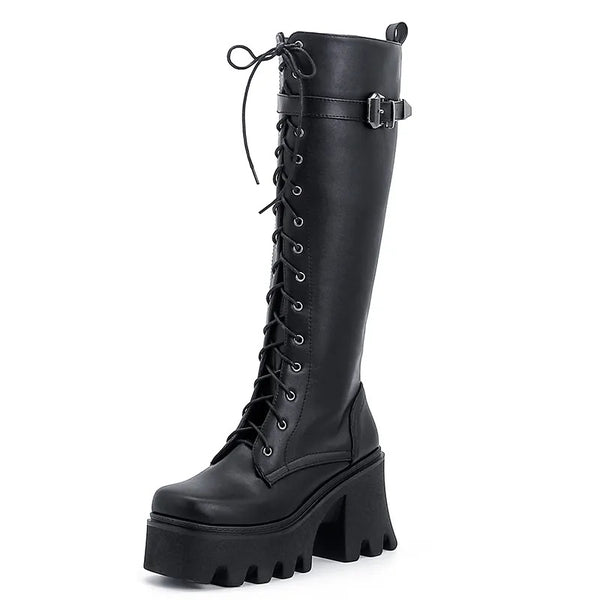 Black Knee High Boots Lace Up Back