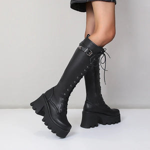 Black Knee High Boots Lace Up Back