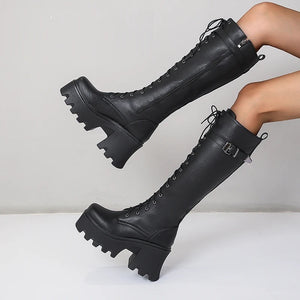 Black Knee High Boots Lace Up Back