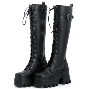 Black Knee High Boots Lace Up Back