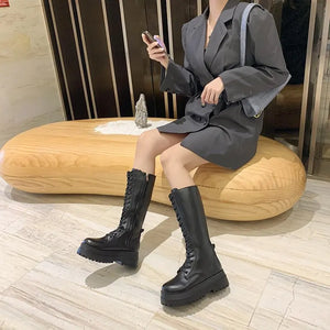 Black Knee High Lace Up Boots