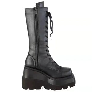 Black Knee High Lace Up Combat Boots
