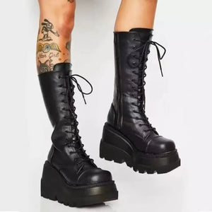 Black Knee High Lace Up Combat Boots