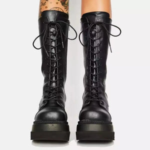 Black Knee High Lace Up Combat Boots