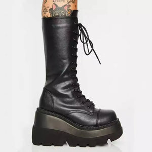 Black Knee High Lace Up Combat Boots
