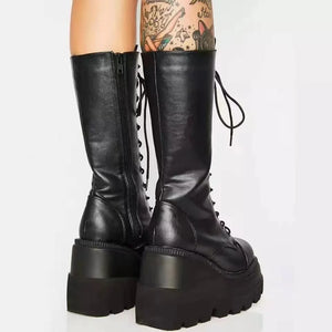 Black Knee High Lace Up Combat Boots