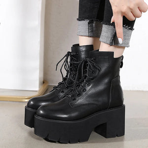 Black Knee High Lace Up Platform Boots