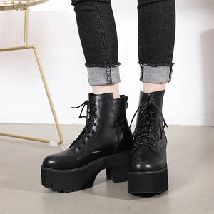 Black Knee High Lace Up Platform Boots