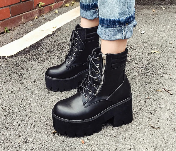 Black Lace Up Boots Chunky Heel