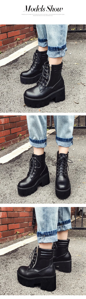 Black Lace Up Boots Chunky Heel