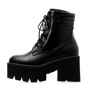 Black Lace Up Boots Chunky Heel