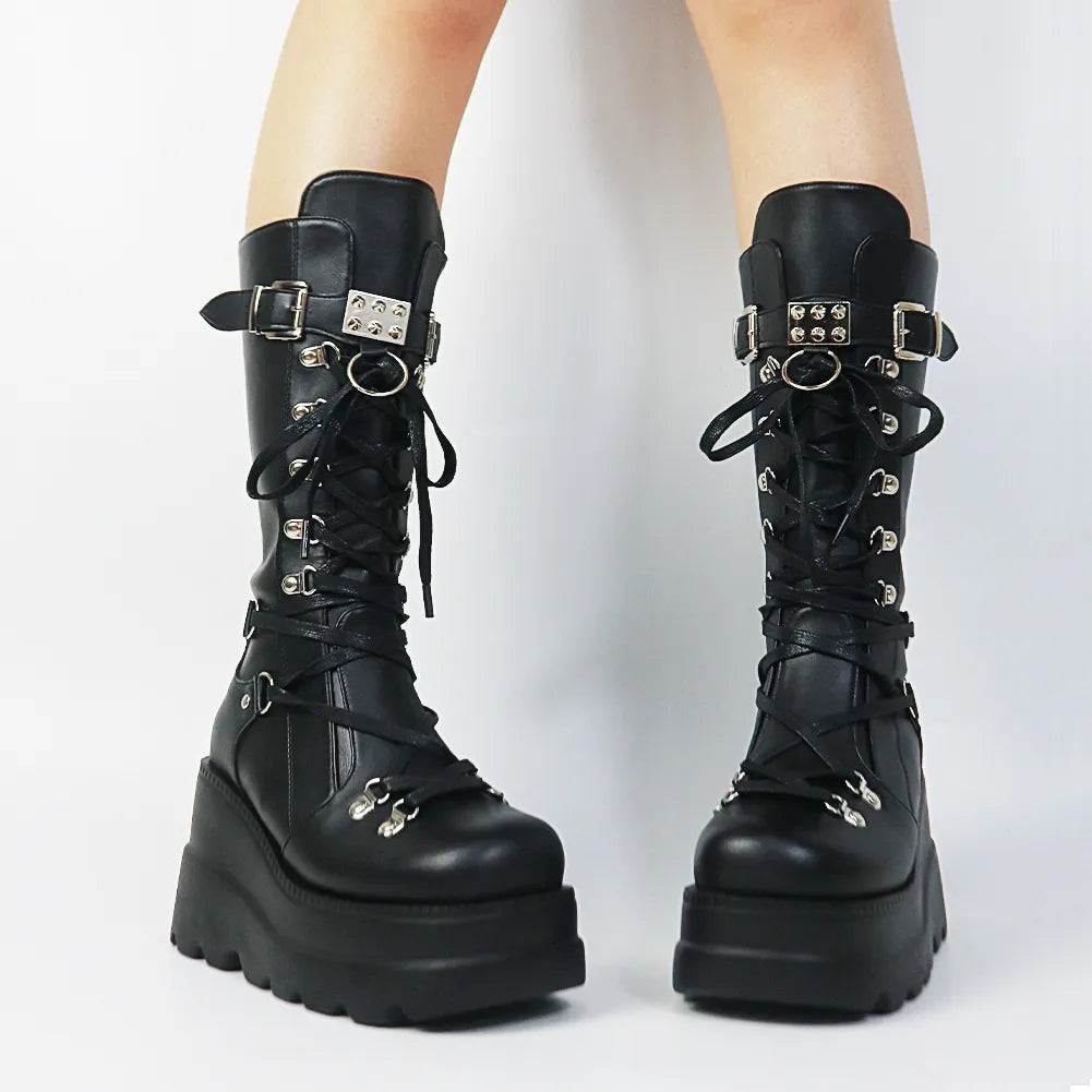 Black Lace Up Boots Mid Calf | CYBER TECHWEAR®