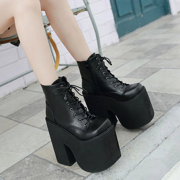 Black Lace Up Boots With Chunky Heel