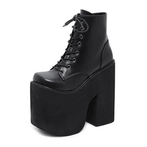 Black Lace Up Boots With Chunky Heel