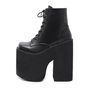 Black Lace Up Boots With Chunky Heel