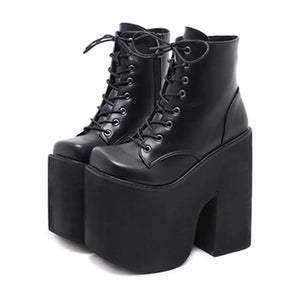 Black Lace Up Boots With Chunky Heel