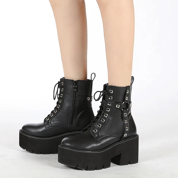 Black Lace Up Boots With Zipper
