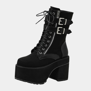 Black Lace Up Buckle Boots