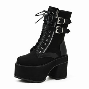 Black Lace Up Buckle Boots