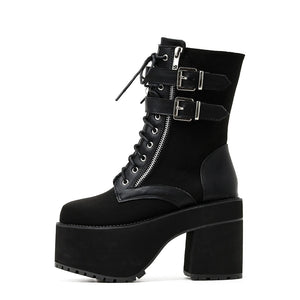 Black Lace Up Buckle Boots