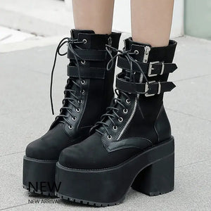 Black Lace Up Buckle Boots