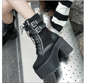 Black Lace Up Buckle Boots