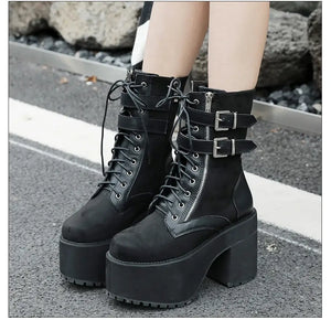 Black Lace Up Buckle Boots
