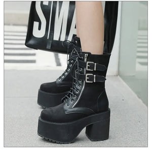 Black Lace Up Buckle Boots