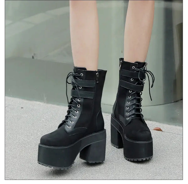 Black Lace Up Buckle Boots