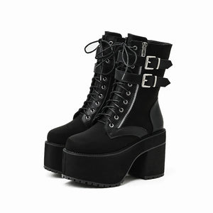 Black Lace Up Buckle Boots