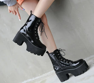 Black Lace Up Chunky Ankle Boots
