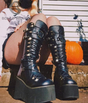 Black Lace Up Knee Boots