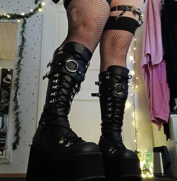 Black Lace Up Knee Boots