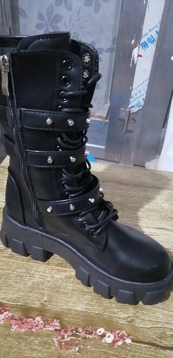 Black Lace Up Knee High Heel Boots