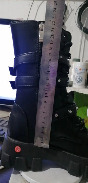 Black Lace Up Knee High Heel Boots