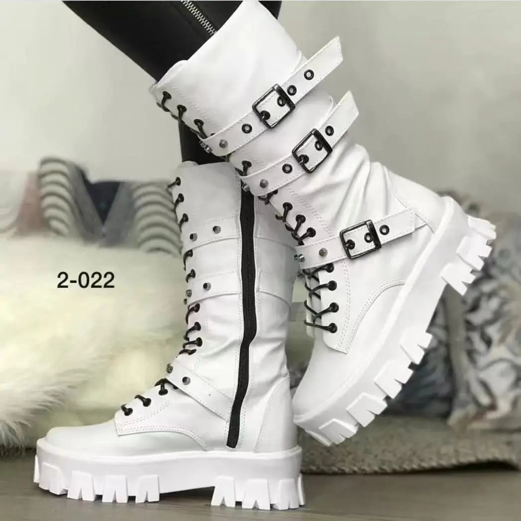 White knee high combat boots sales