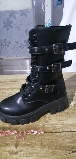 Black Lace Up Knee High Heel Boots