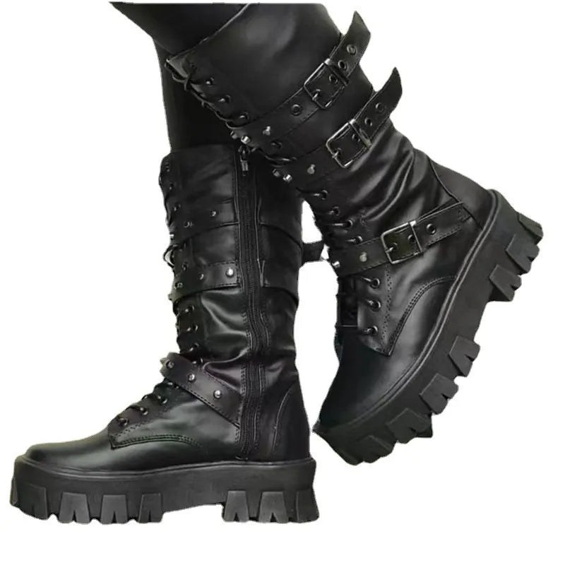 Black Lace Up Knee High Heel Boots CYBER TECHWEAR
