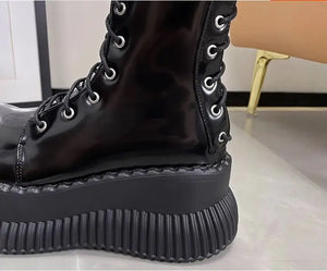 Black Lace Up Mid Calf Boots