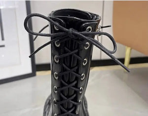 Black Lace Up Mid Calf Boots