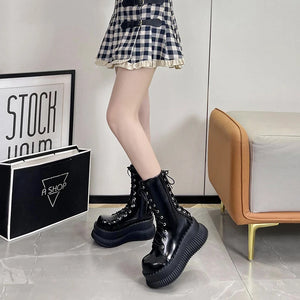 Black Lace Up Mid Calf Boots