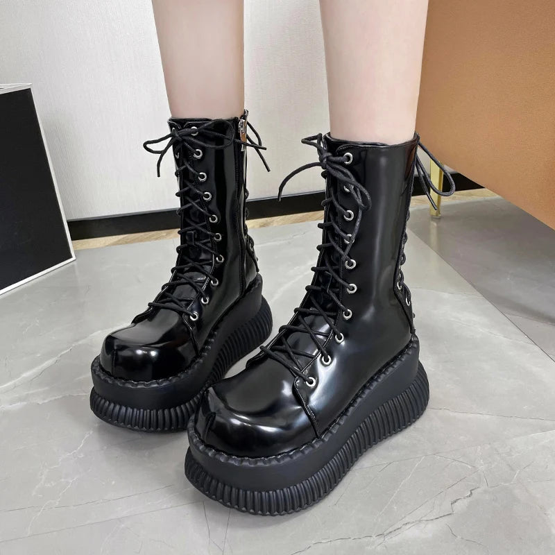 Black Lace Up Mid Calf Boots CYBER TECHWEAR