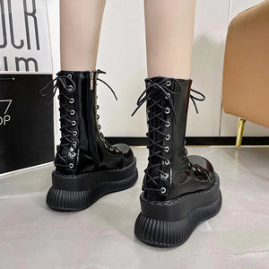 Black Lace Up Mid Calf Boots