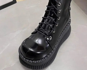 Black Lace Up Mid Calf Boots